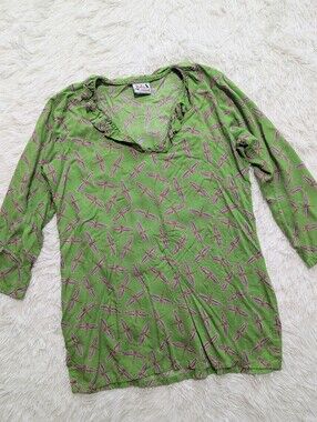Haley & The Hound Rainbow Dragonfly Print Green Ruffle Neck 3/4 Sleeve Tunic